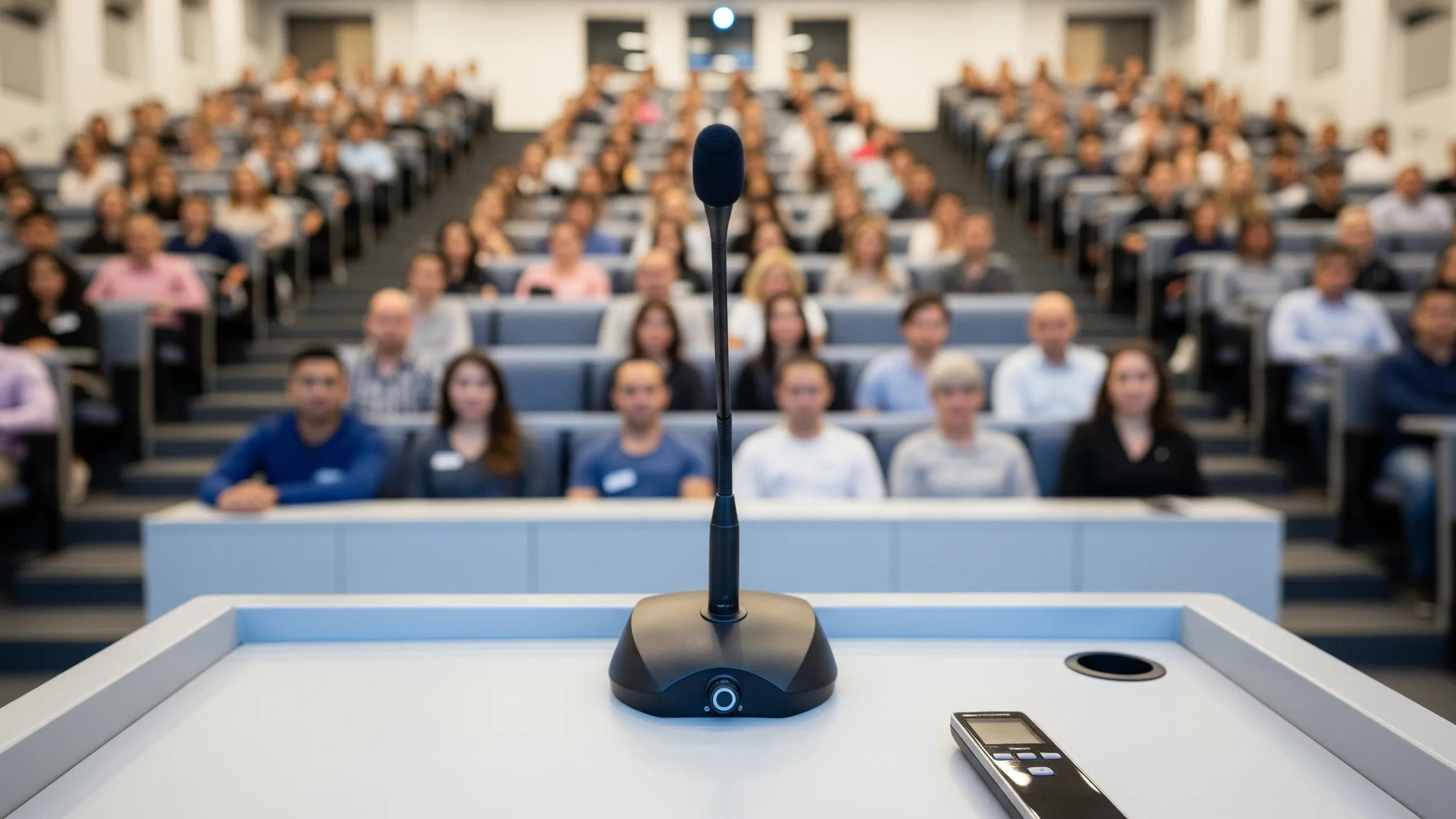 Podium and microphone facing an audience at a CE event.