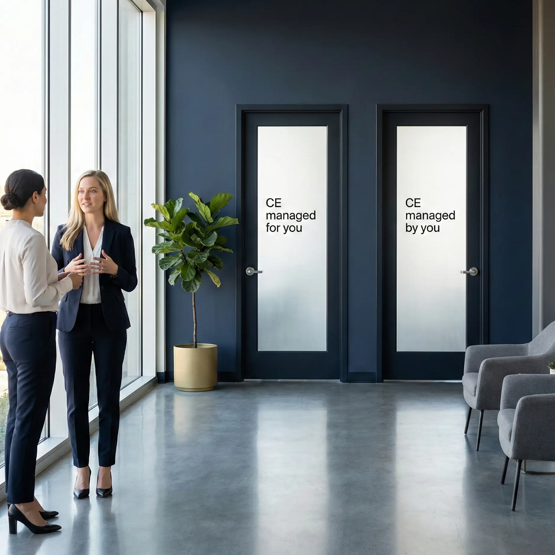 Two professionals discussing continuing education service options.