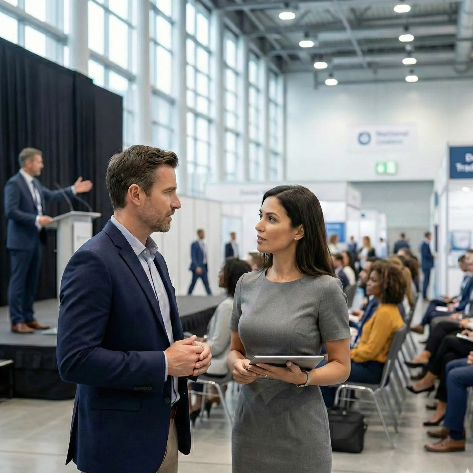 Dental professionals speaking at a continuing education event.