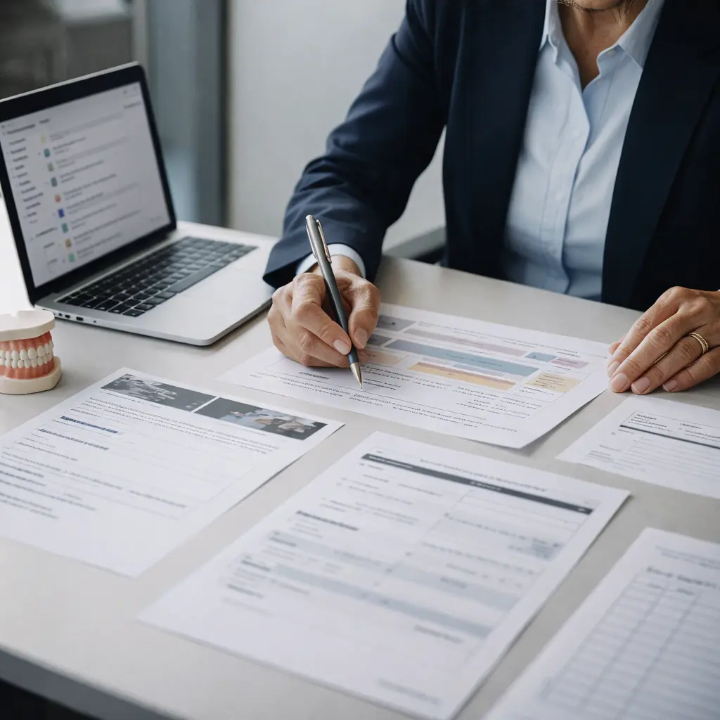 Professional reviewing continuing education compliance documents at a desk.