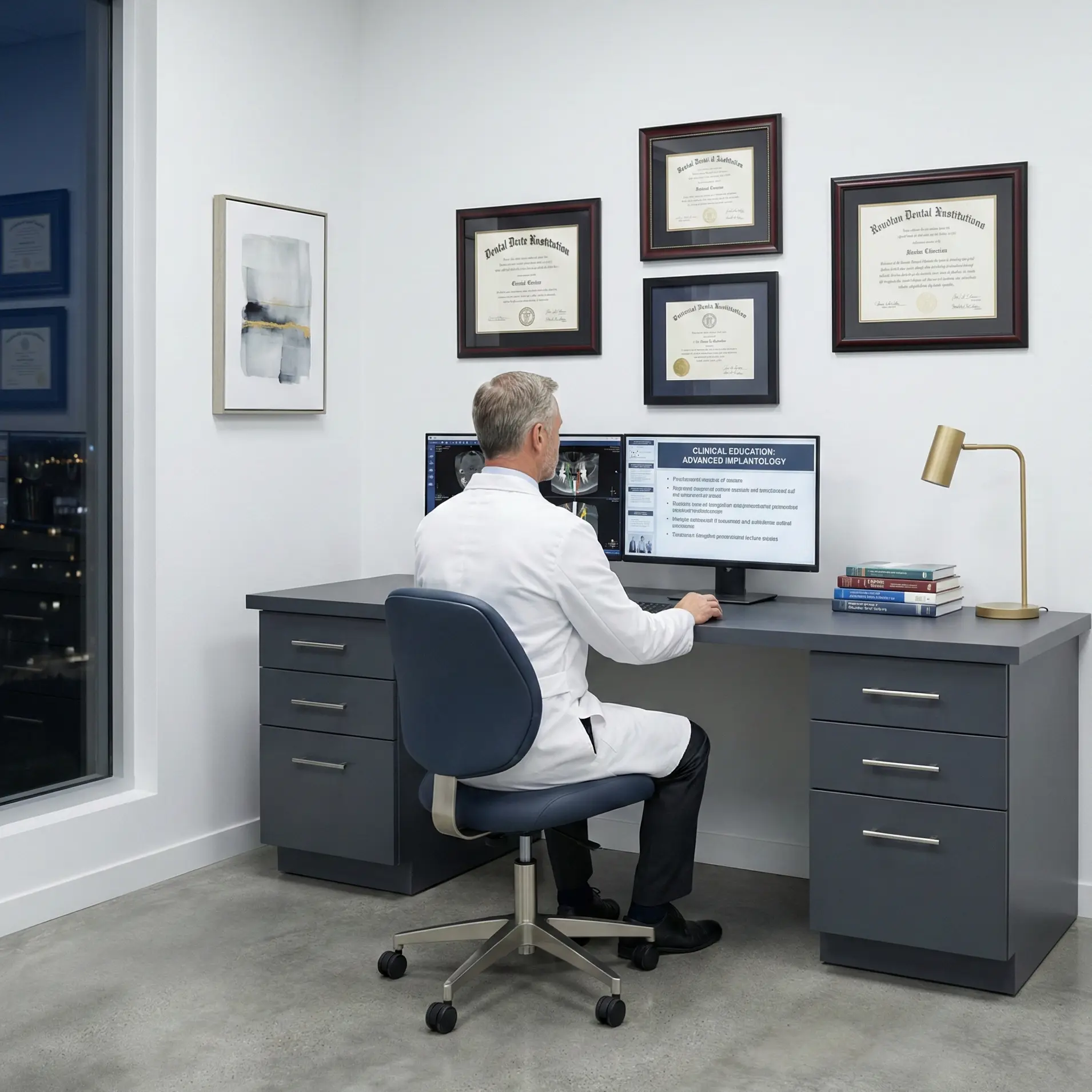 Dental professional preparing CE presentation at a desk.