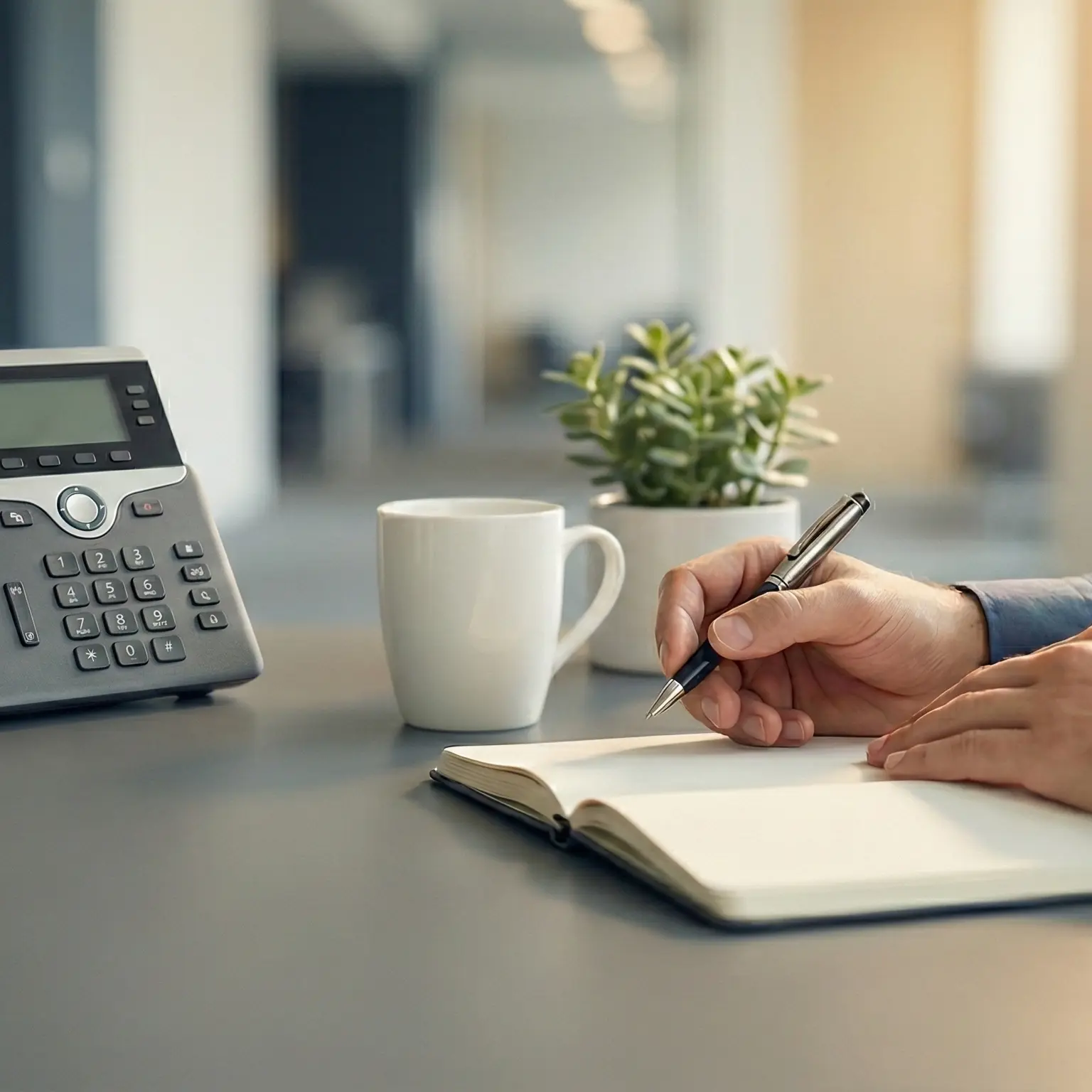 Professional taking notes while speaking on a desk phone.