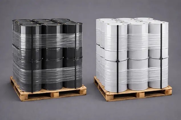 Estiba de tambores de acero de 200L sobre tarimas de madera