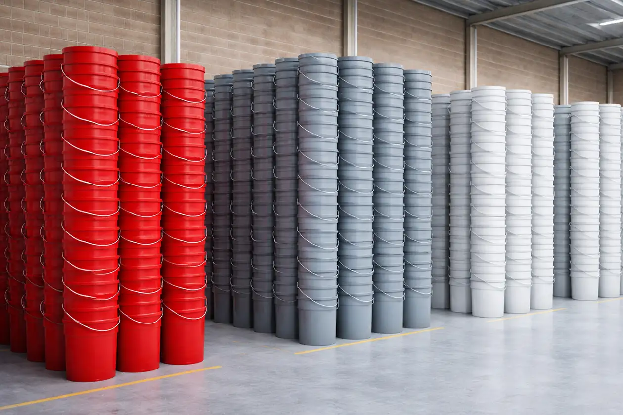 Cubetas apiladas en un almacén