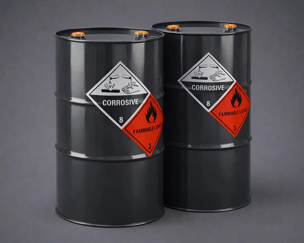 Dos tambores de acero de 200 litros con señalética de seguridad.