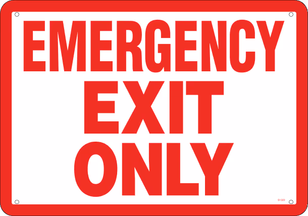 Red and white sign with large red text reading Emergency Exit Only.
