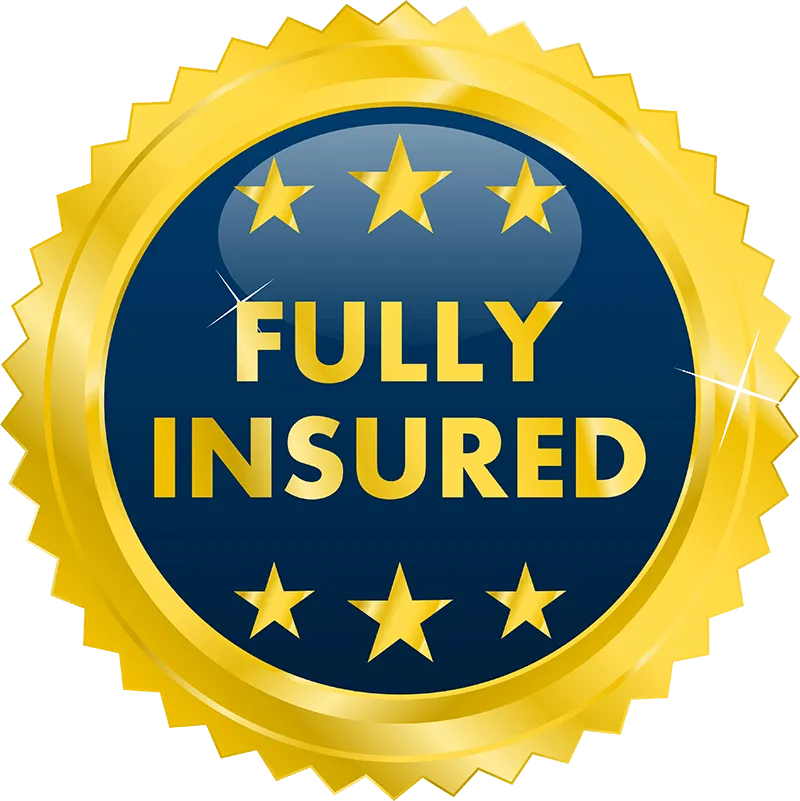 Gold and navy badge with five stars and the text Fully Insured in bold letters.