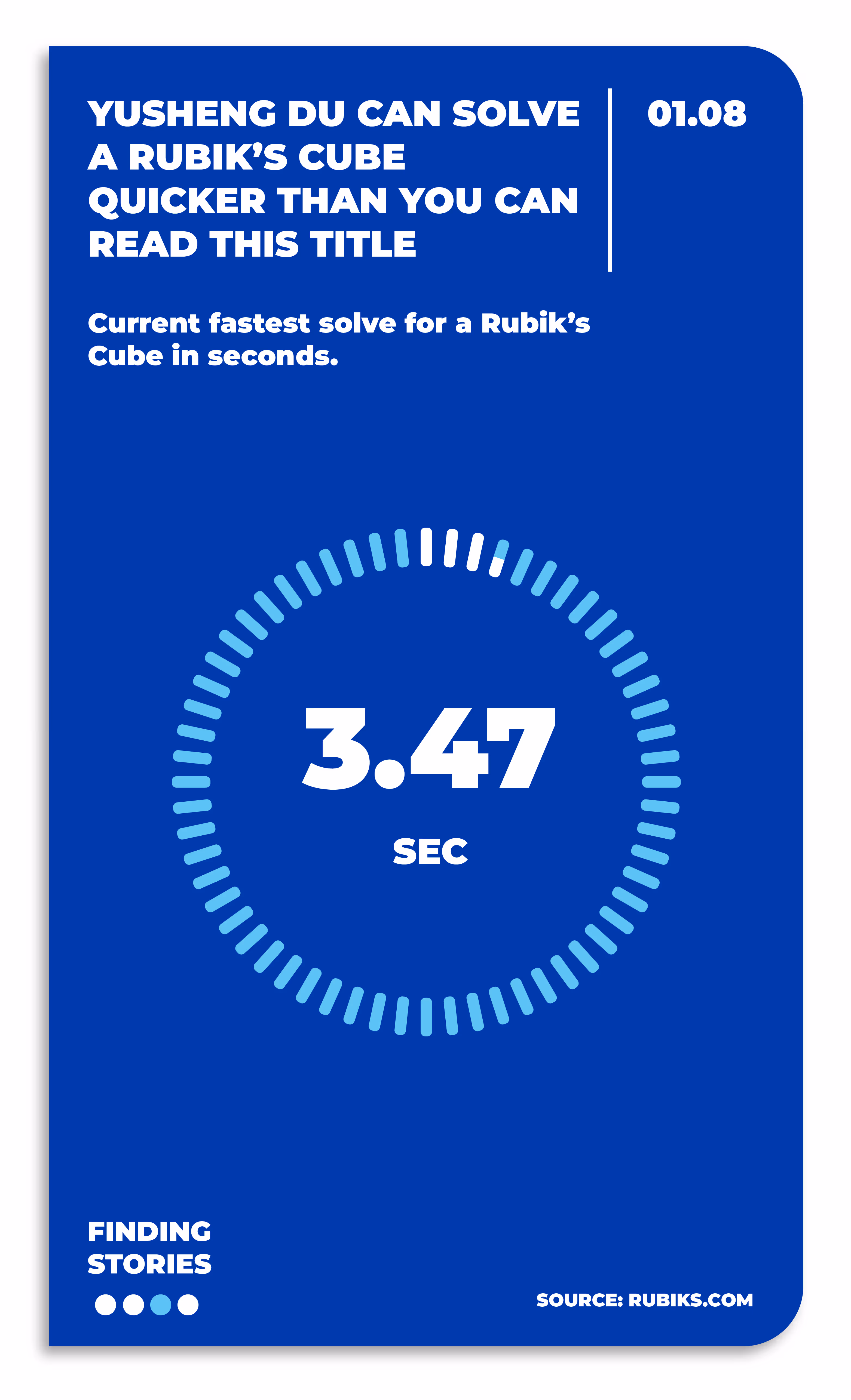 Graphic showing Yusheng Du's current fastest Rubik's Cube solve time of 3.47 seconds with a circular progress bar on a blue background.