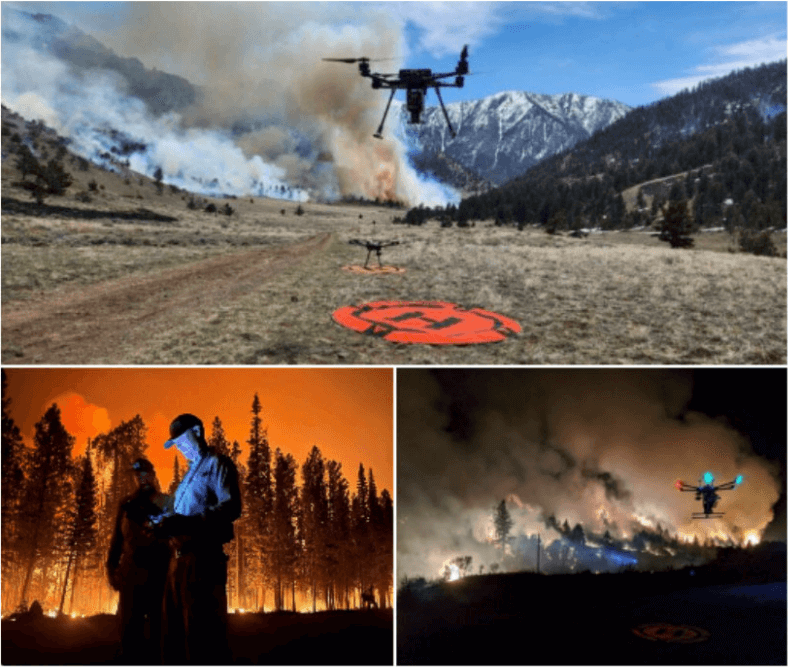 Top, two aircraft flying in daylight with smoke in the distance. Bottom left, pilot operating the controls during a forest fire. Bottom right, aircraft flying at nighttime with smoke in the distance.
