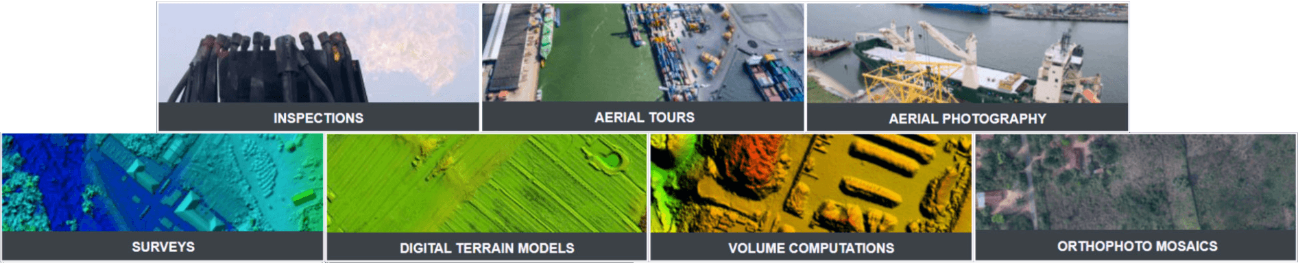 Services: inpection, aerial tours, aerial photography, surveys, digital terrain models, volume computations, orthophoto mosaics