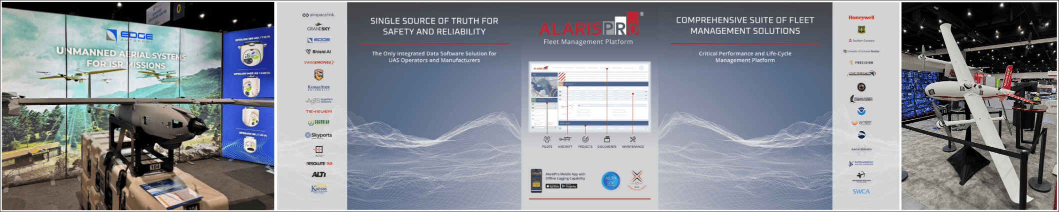 XPONENTIAL unmanned aerial systems on display. AlarisPro Fleet Management Platform - safety and reliability.