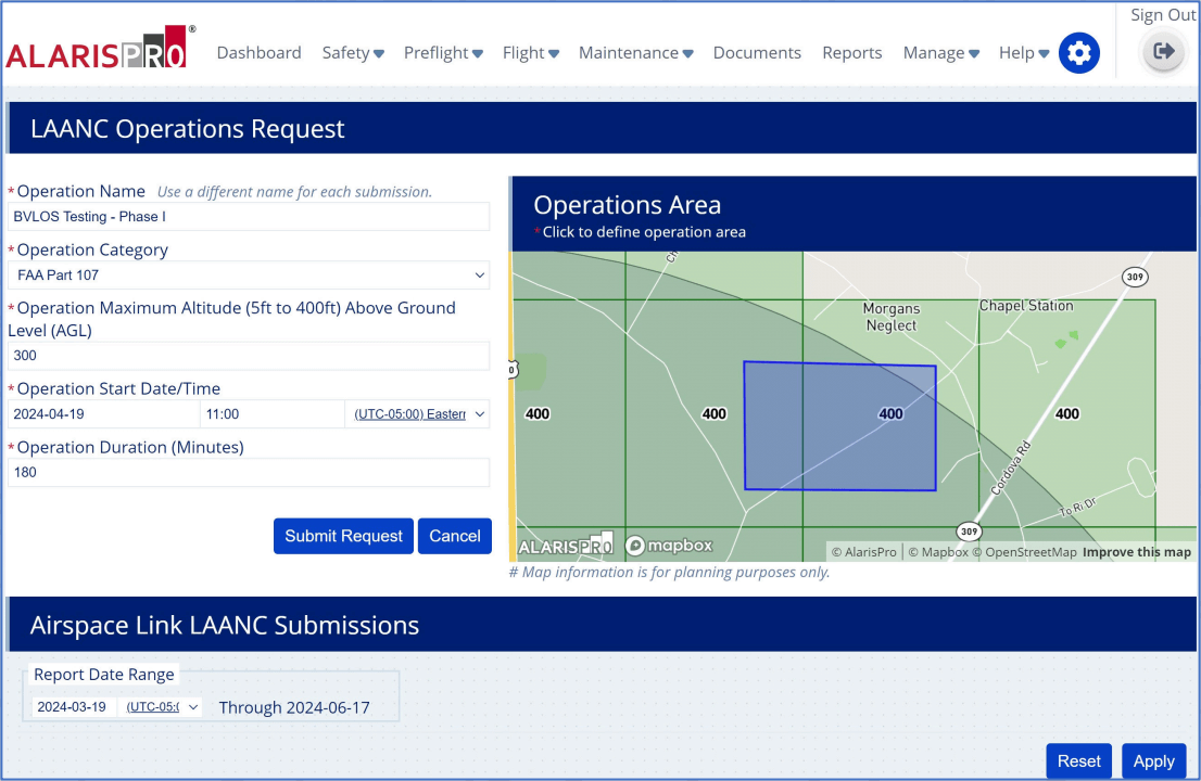 LAANC Operations Request and Airspace Link Submissions