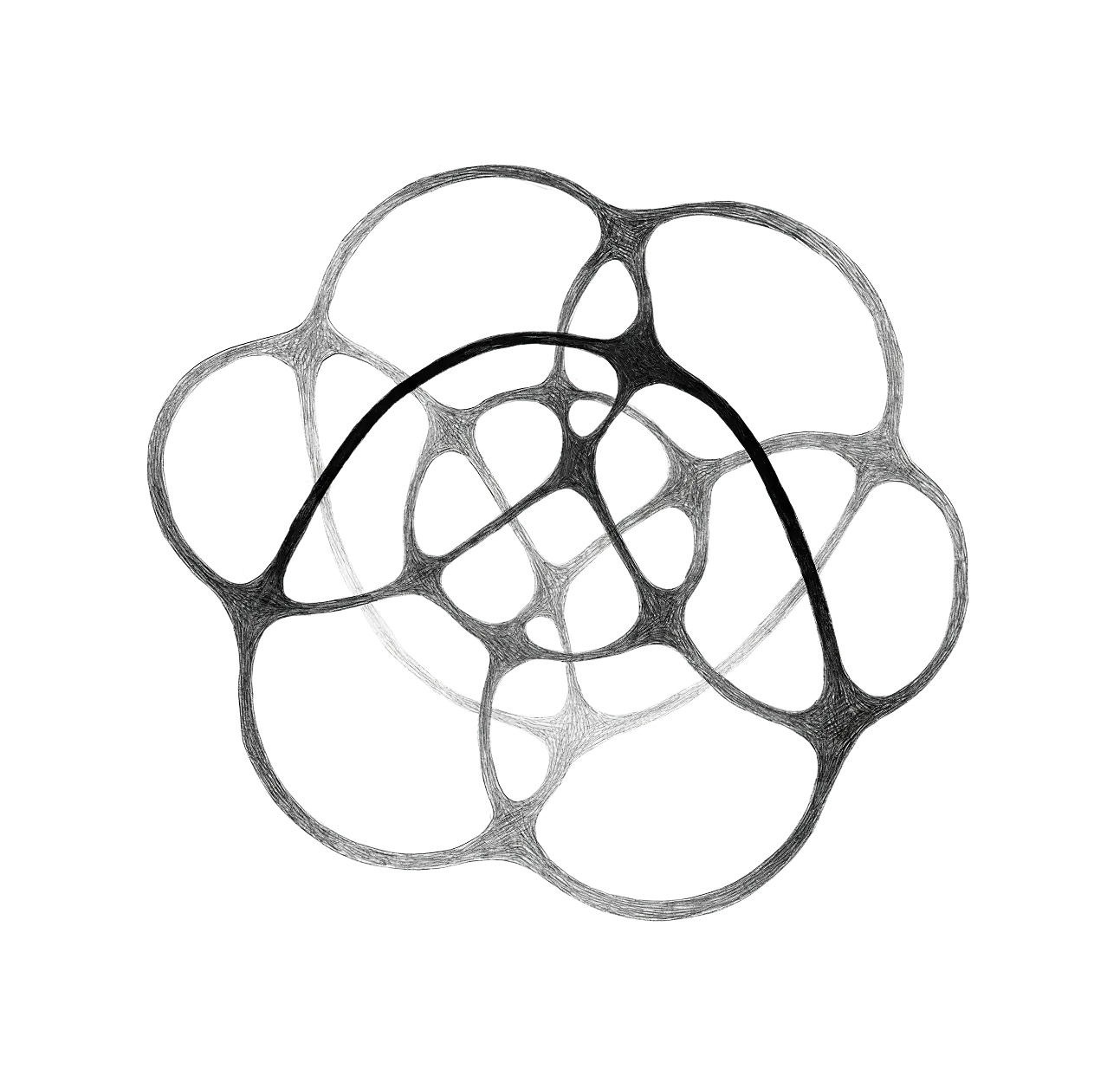 Abstract digital art featuring overlapping irregular circular shapes with textured edges in grayscale on a black background.