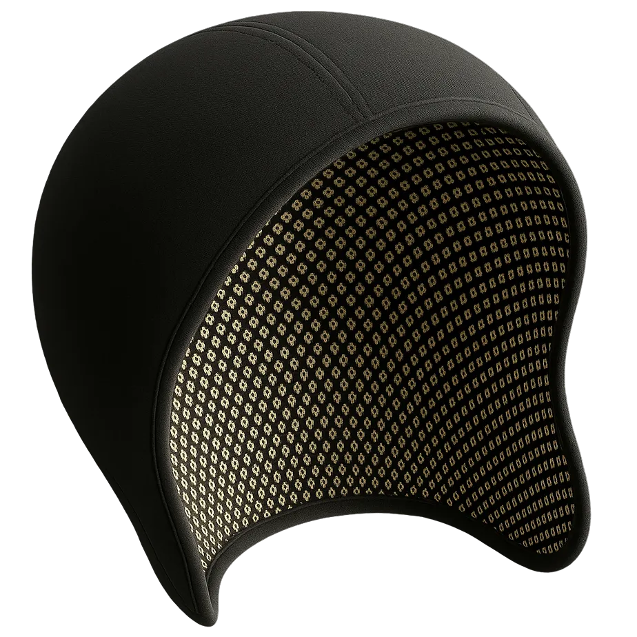 Black neoprene swim cap with gold patterned interior lining.