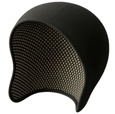 Man wearing a brain-computer interface cap sits in the foreground while a group of people, including a smiling older man in a gray sweater, stand behind him in a modern office setting.