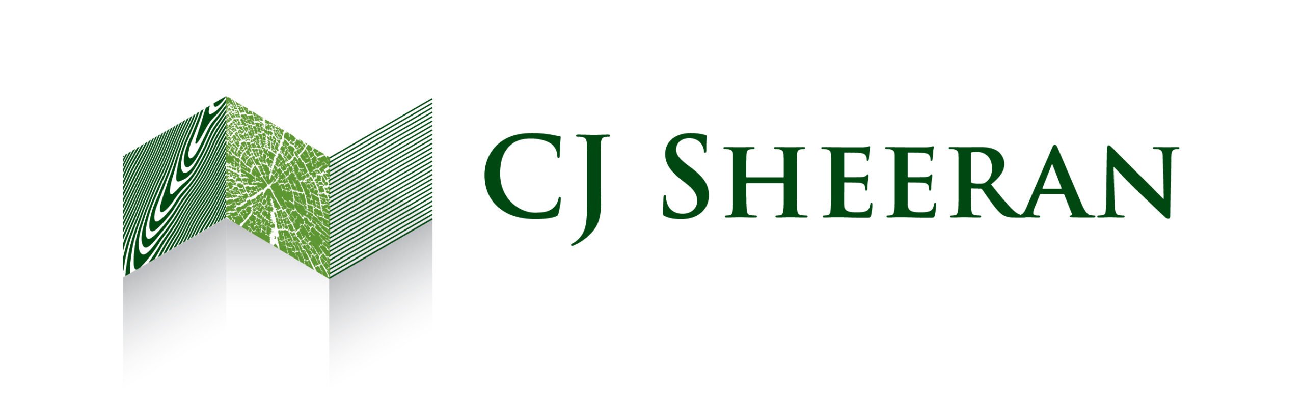 CJ Sheeran logo featuring three green textured panels forming an abstract folded shape.