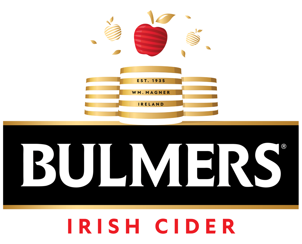 Bulmers Irish Cider logo with stylized red and gold apples and gold barrels above the brand name.