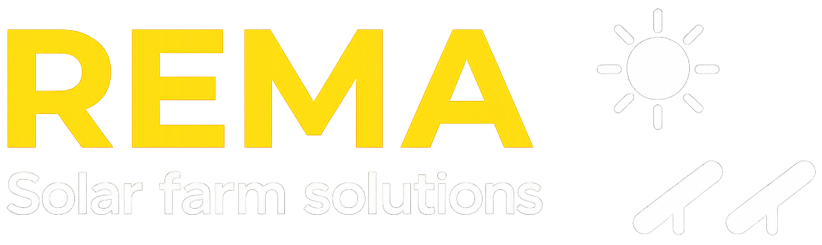 REMA Solar farm solutions logo with yellow REMA text, white tagline, sun icon, and solar panel illustrations.