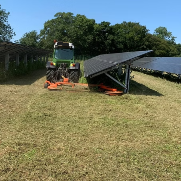 Tractor mowing grass beneath solar panels in a sunny field with trees in the background.