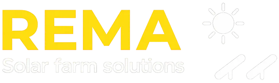 REMA Solar farm solutions logo with yellow REMA text, white tagline, sun icon, and solar panel illustrations.