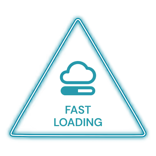 Neon glowing triangle icon displaying the text Fast Loading below a cloud and loading bar symbol, representing site speed