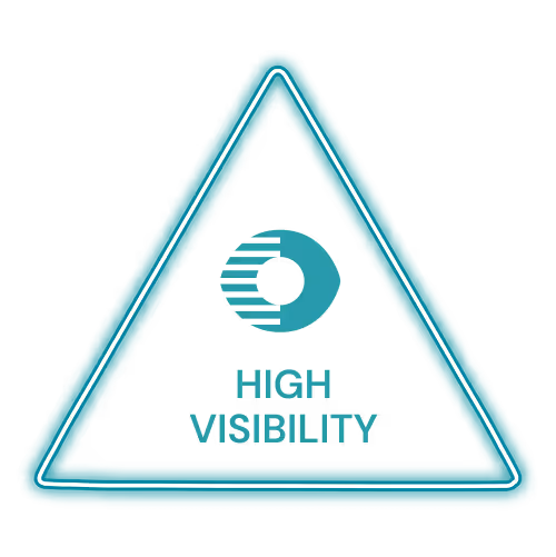 Neon glowing triangle icon displaying the text High Visibility, representing technical SEO solutions.