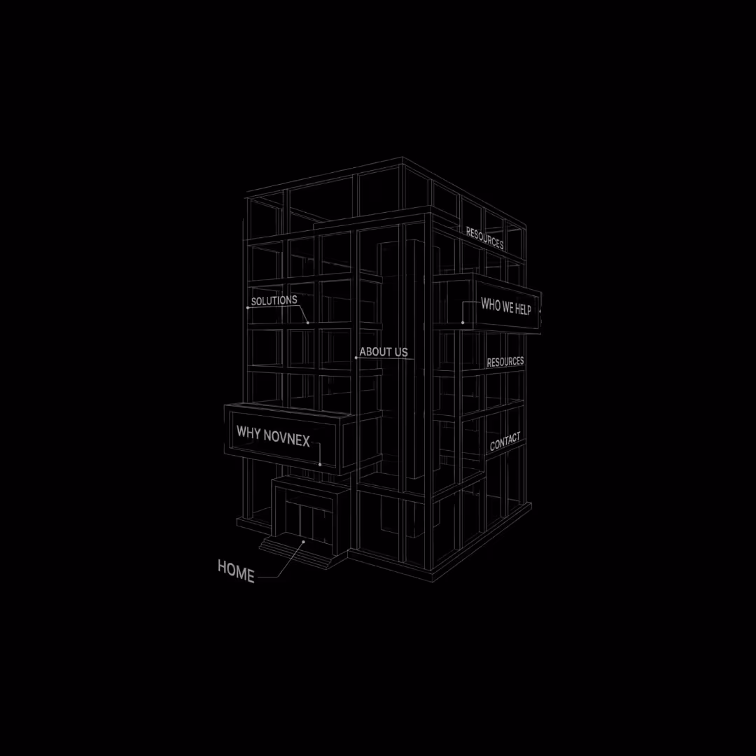 Architectural wireframe blueprint representing strategic website structure and UX planning, with navigational pillars like Home, Solutions, and Resources.