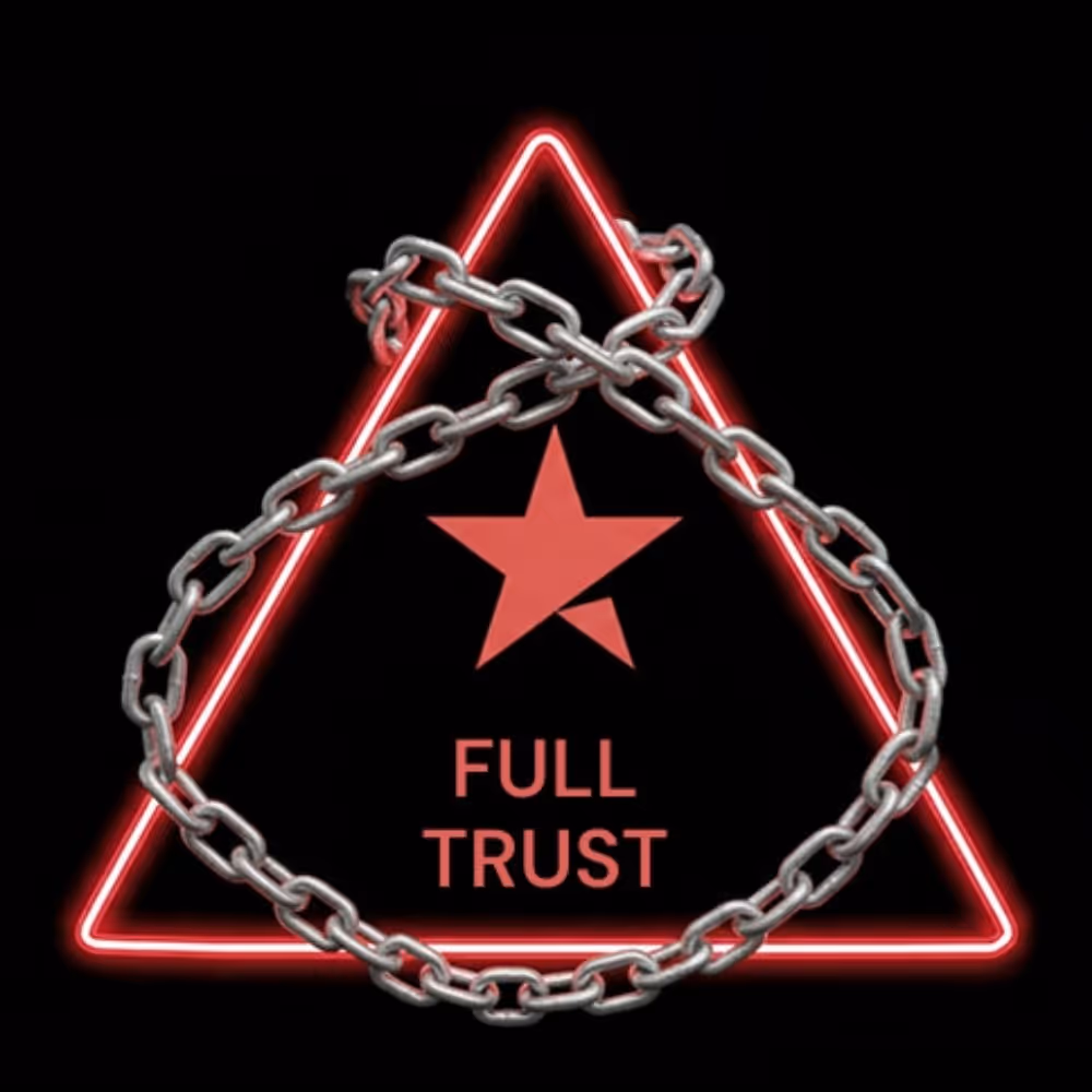 Red neon triangle icon displaying the text Full Trust and a star symbol wrapped in heavy chains, representing lack of credibility and brand trust.