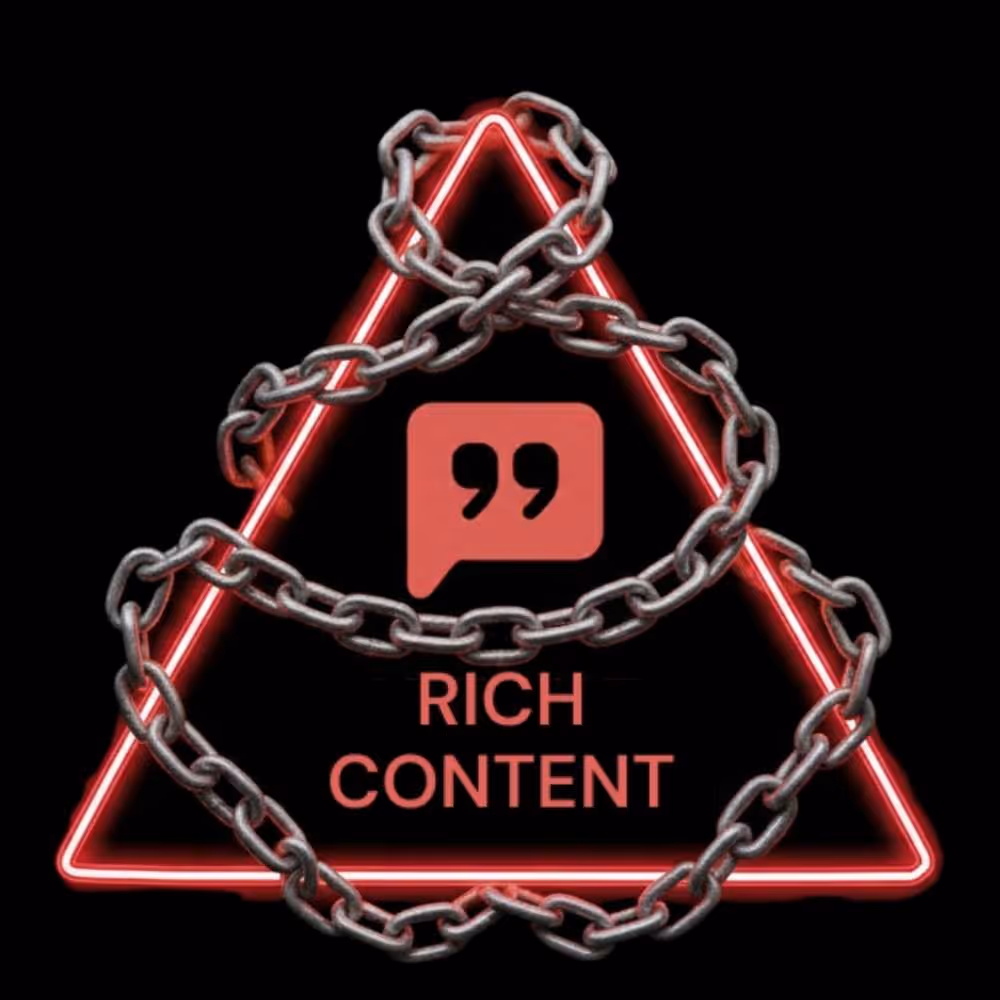 Red neon triangle icon displaying the text Rich Content and a quote bubble symbol locked in chains, representing lack of storytelling.