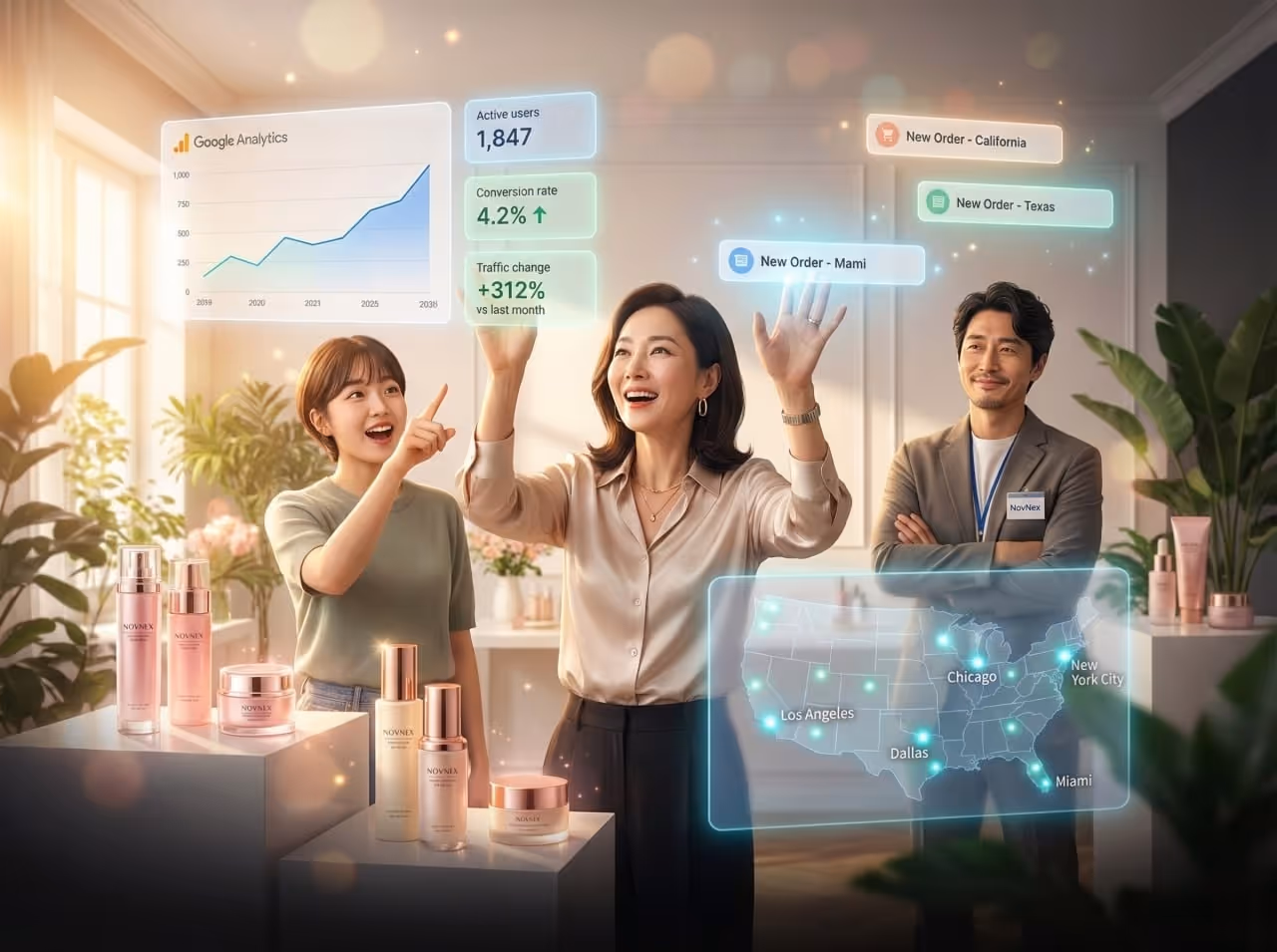 NovNex consultant and K-beauty brand team visualizing successful B2C eCommerce expansion to the US with holographic performance metrics and a strategic map.