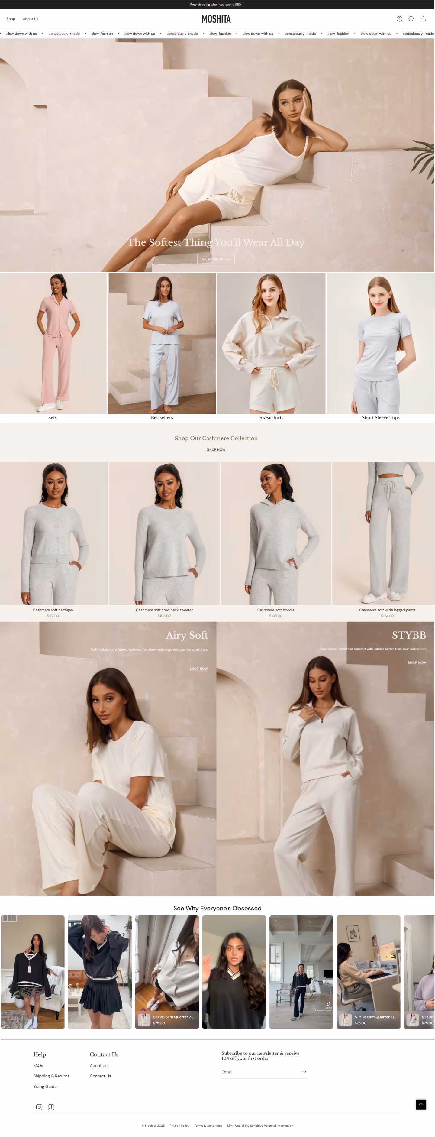 NovNex portfolio showcase for Moshita, a New York-based lifestyle fashion brand, featuring a clean, minimalist eCommerce design that highlights their "Airy Soft" loungewear and slow fashion philosophy.