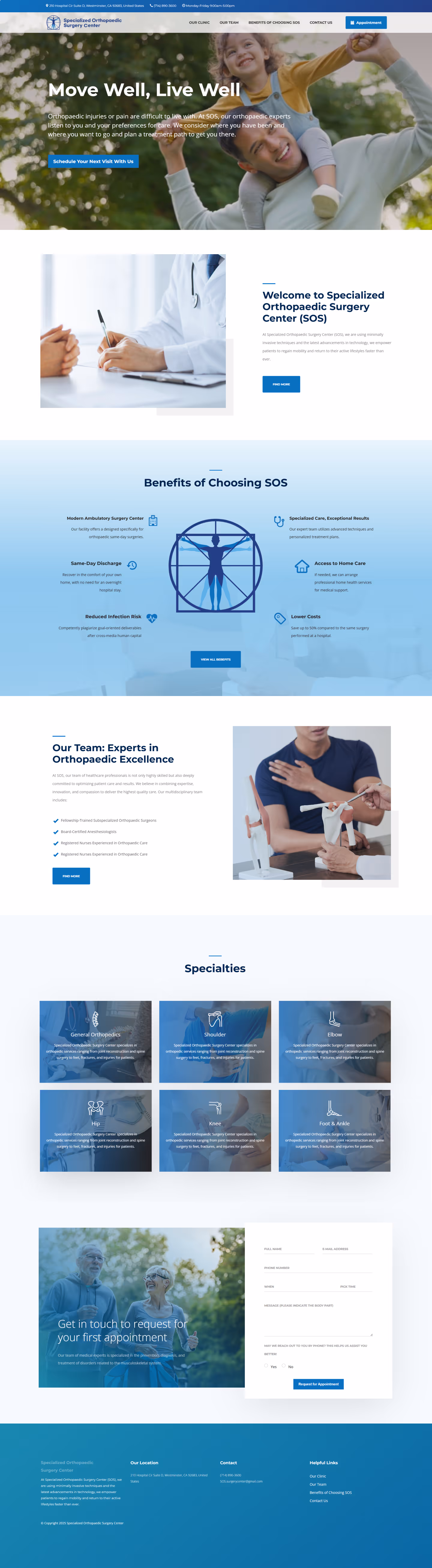 NovNex portfolio showcase for Specialized Orthopaedic Surgery Center (SOS) in Westminster, CA, featuring a trustworthy, patient-centric medical design that highlights same-day discharge benefits and orthopedic specialties like spine and joint care.