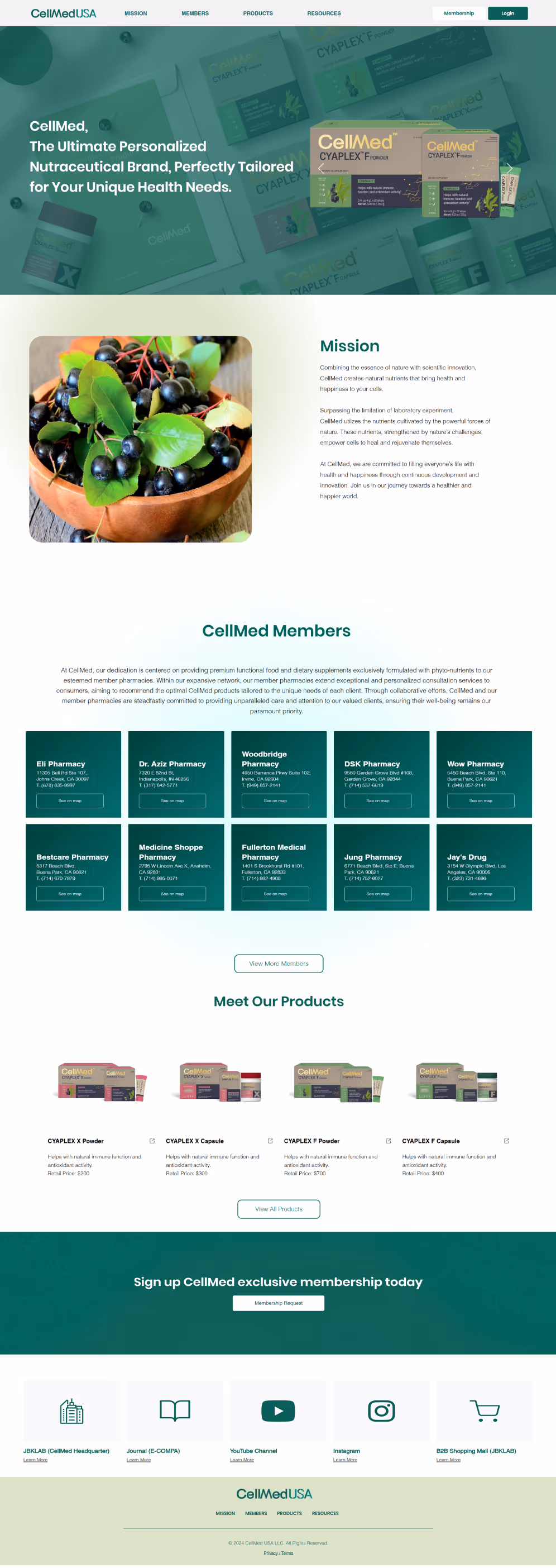NovNex portfolio showcase for CellMed USA, featuring a clean, nature-inspired web design that highlights personalized nutraceutical products and an integrated member pharmacy network.