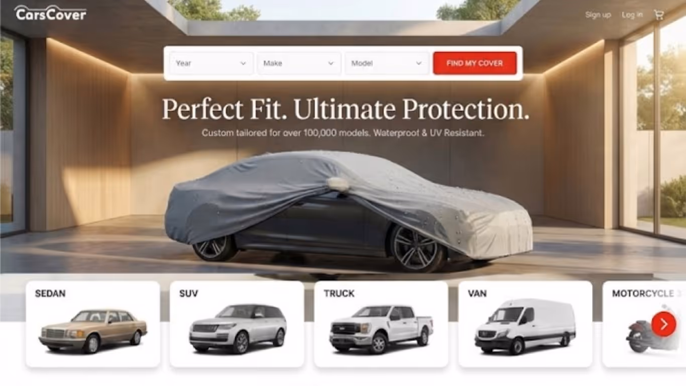 Screenshot of the fully redesigned CarsCover homepage featuring a premium hero section and intuitive search interface. This 'After' visual demonstrates the elevated brand perception and streamlined user journey engineered by NovNex.