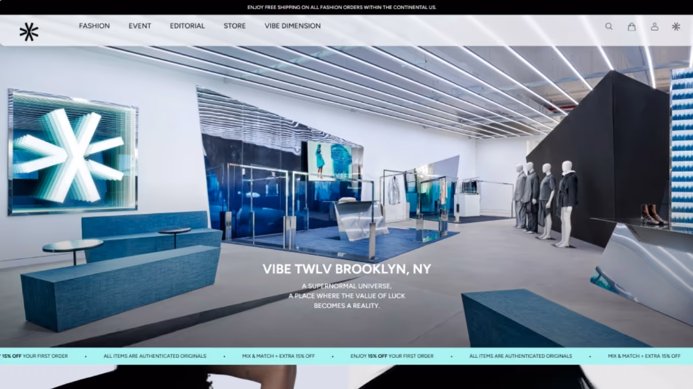 Screenshot of the redesigned VIBE TWLV website featuring an interactive 3D showroom and editorial layout. This 'After' visual demonstrates the strategic shift from a traditional e-commerce store to an immersive digital boutique that elevates brand storytelling.