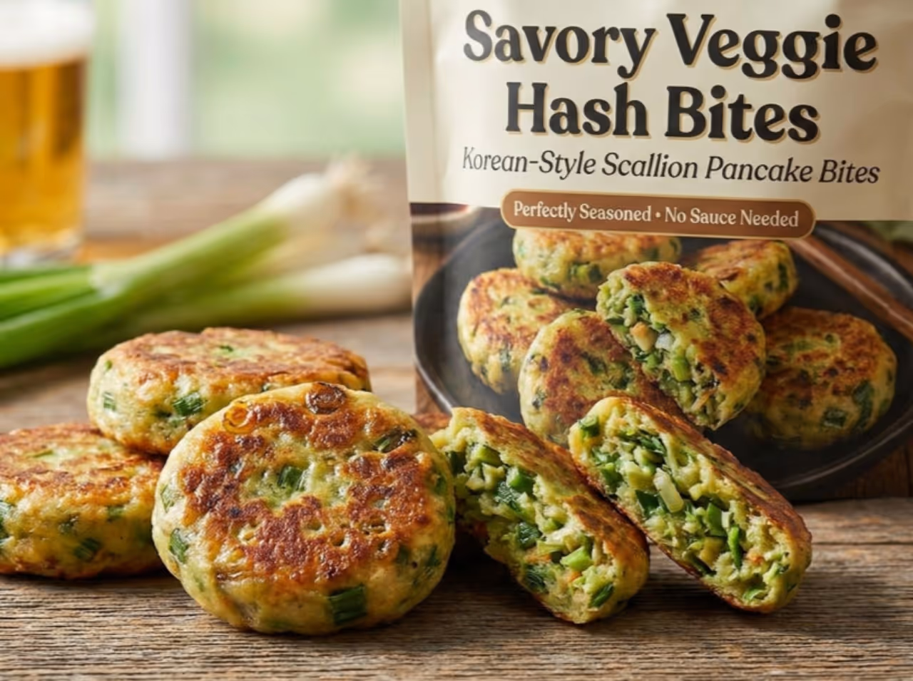 미국 시장 진출을 위해 한국의 '파전'을 'Savory Veggie Hash Bites'로 완벽하게 현지화한 NovNex의 식품 패키지 브랜딩 사례. 외국 소비자의 심리적 장벽을 없애는 네이밍 전략과 푸드 스타일링.