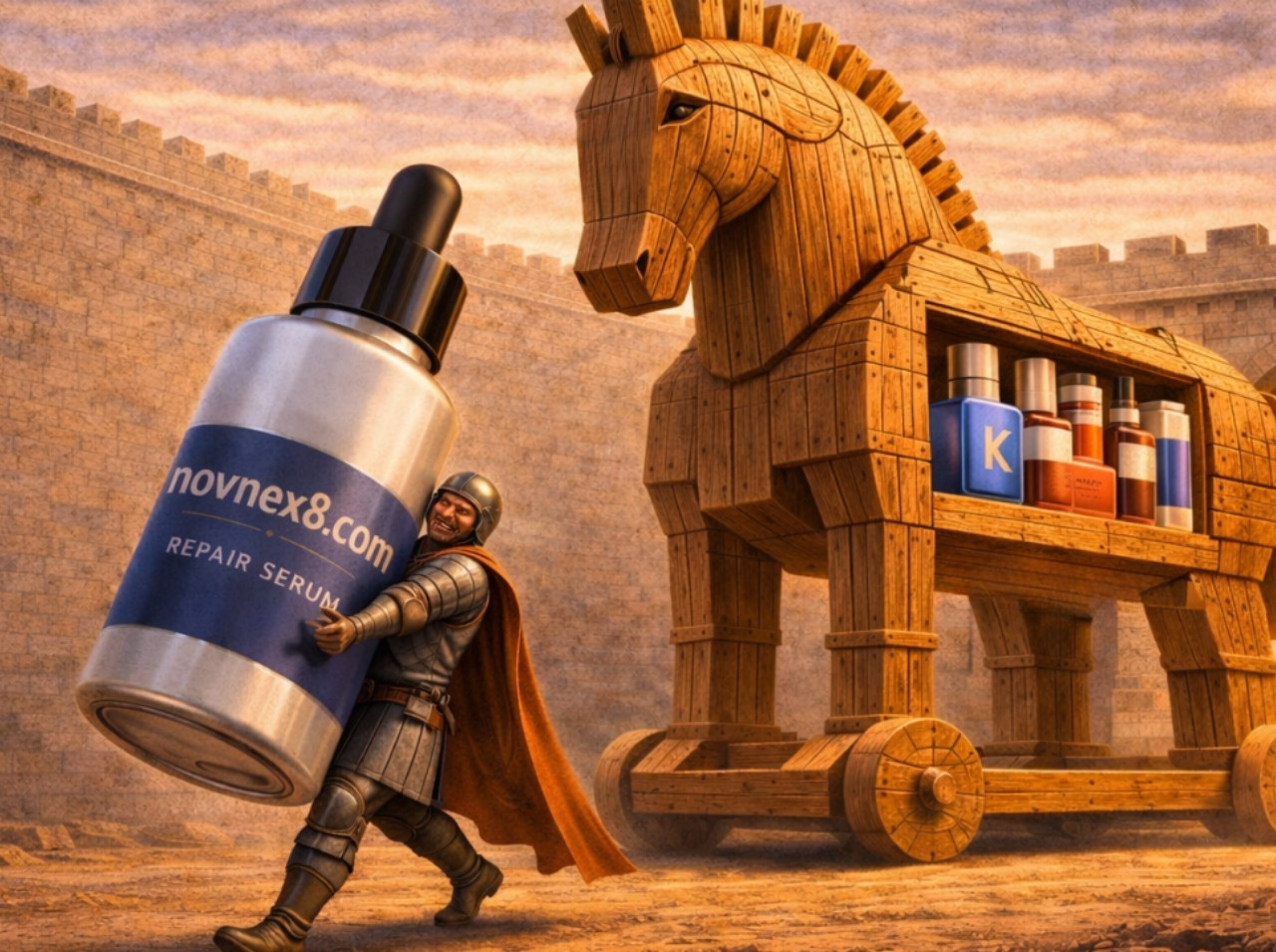 NovNex의 제품을 품고 성벽 안으로 진입하는 트로이 목마 일러스트. 포화된 K-뷰티 시장에서 개별 브랜드가 살아남기 위한 '초틈새(Hyper-Vertical)' 전략과 구조적 시장 진입 해법을 다룬 NovNex 인사이트 칼럼 썸네일.