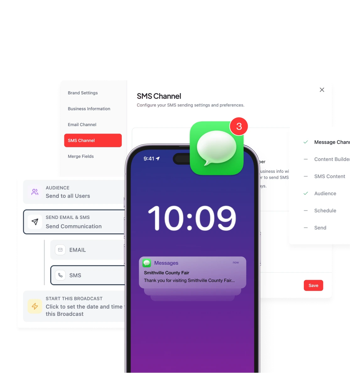 Mobile phone screen shows an SMS notification from Smithville County Fair at 10:09 with 3 unread messages; background shows SMS Channel settings interface with options to send email and SMS communications.