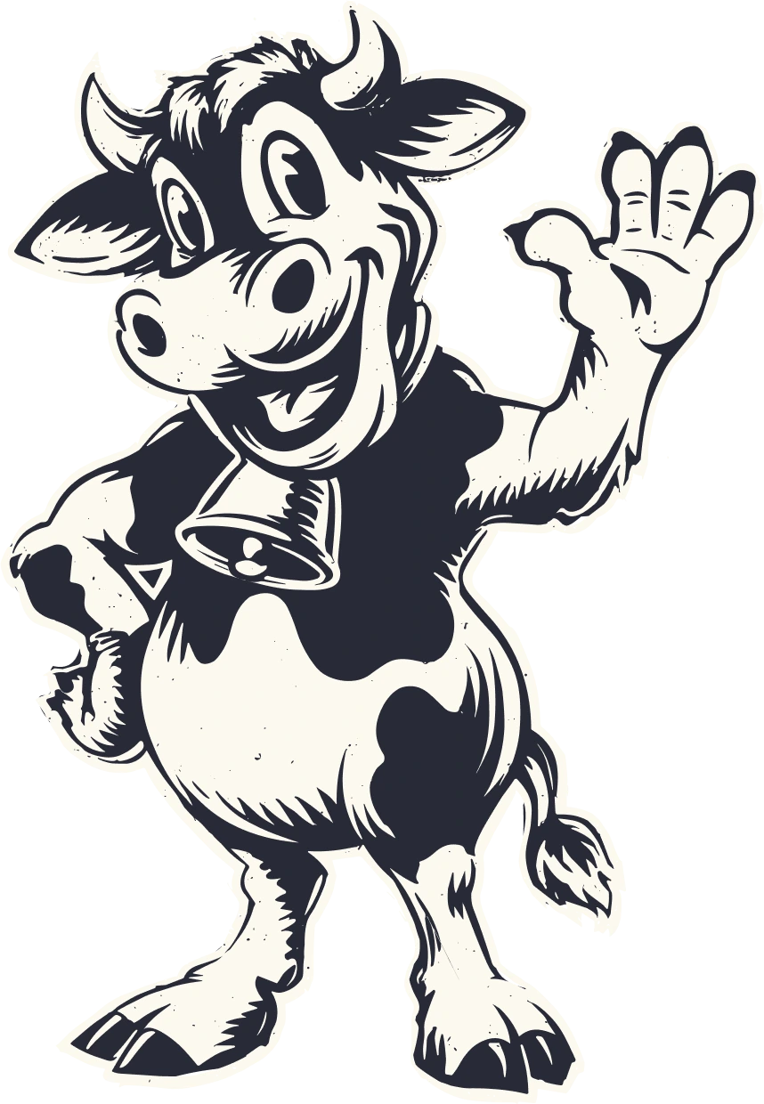 Cartoon cow mascot standing on two legs, smiling and waving with a bell around its neck.