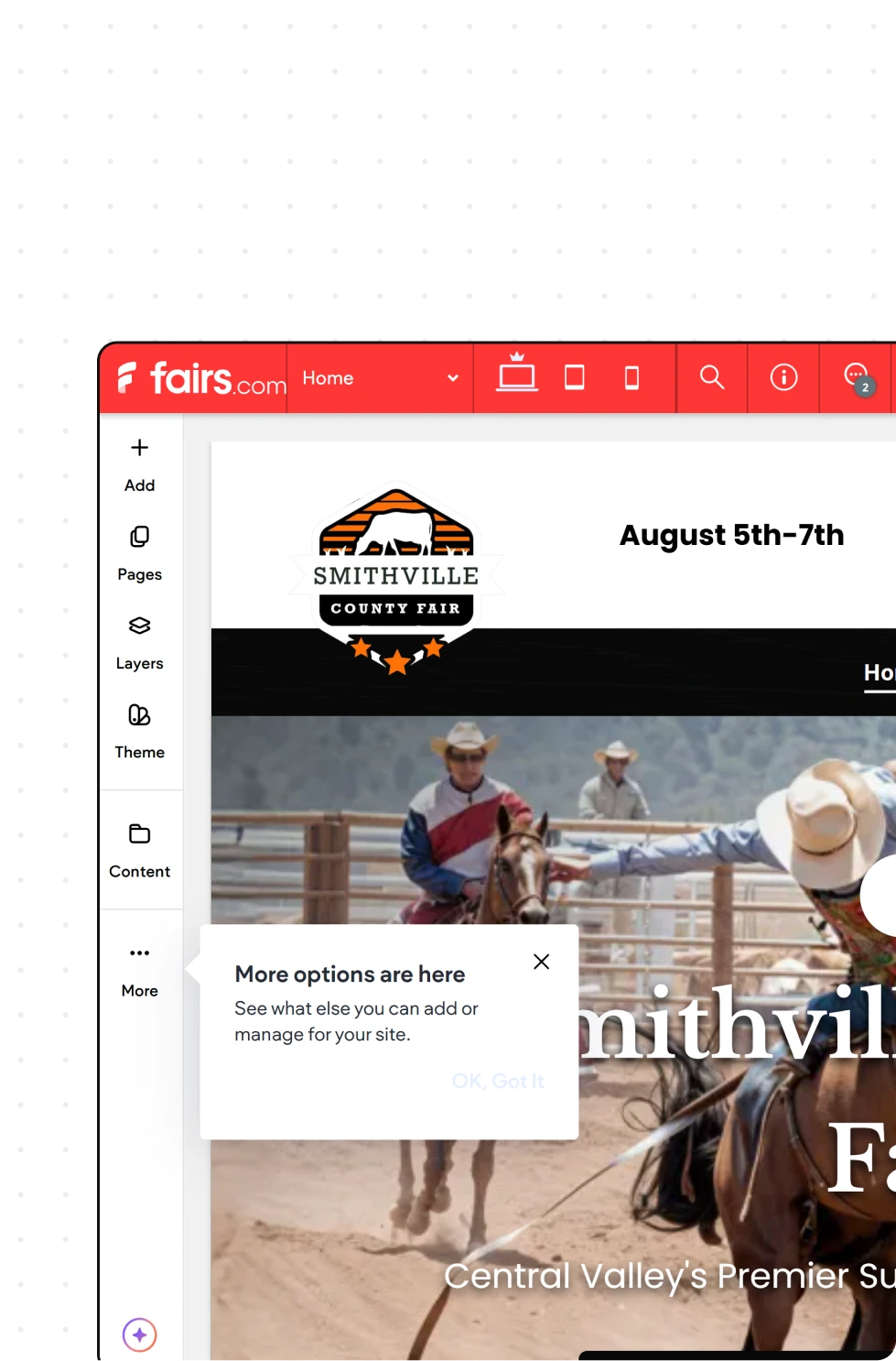 Website editor interface showing Smithville County Fair homepage with cowboys riding horses and event dates August 5th-7th.