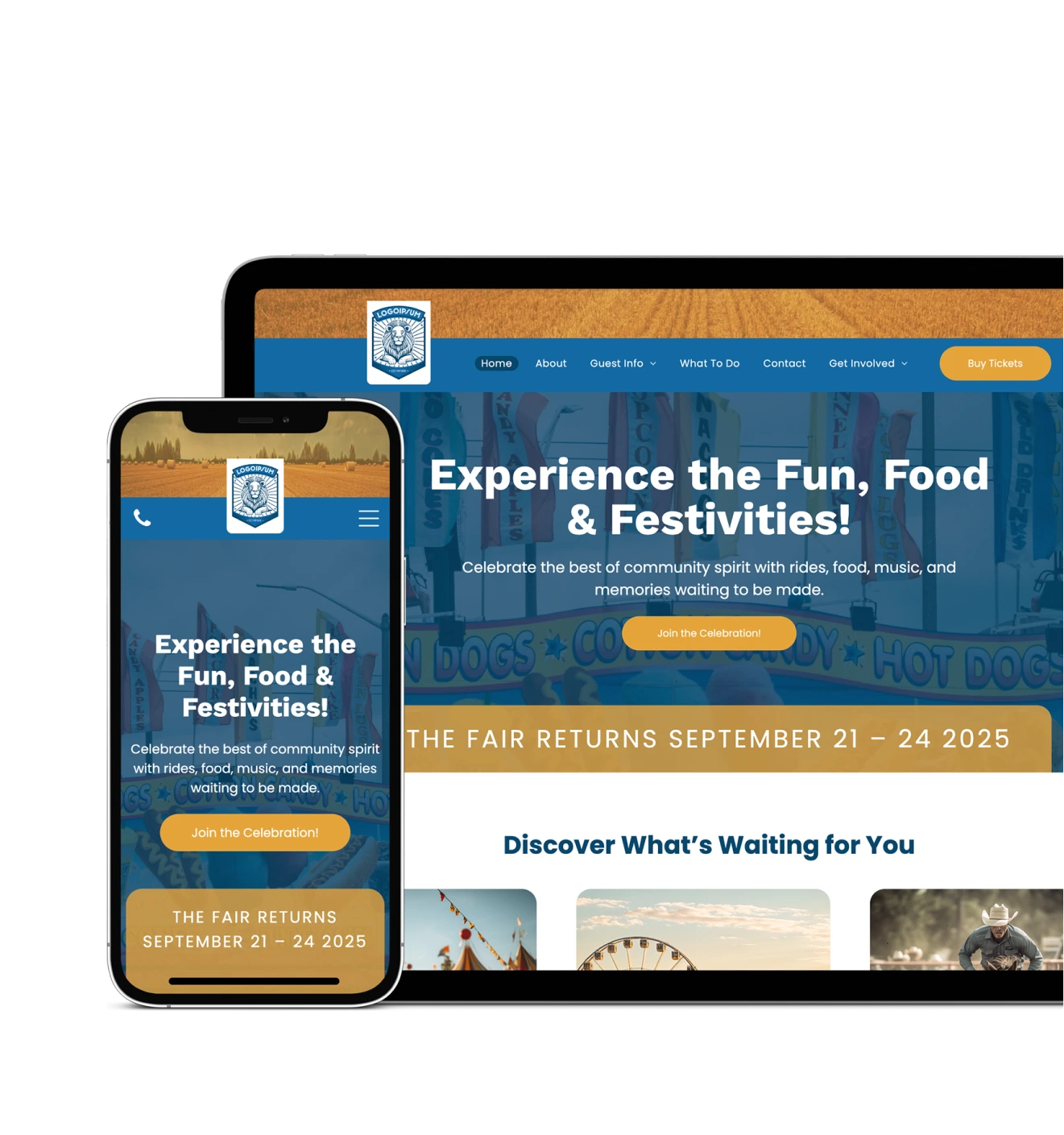 Website homepage showing a community fair event with the text 'Experience the Fun, Food & Festivities!' and fair dates September 21-24, 2025, displayed on a tablet and mobile phone.