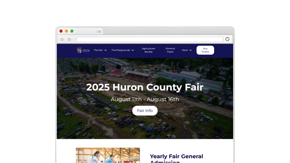 Website banner for the 2025 Huron County Fair, August 11th to 16th, showing an aerial view of the fairgrounds with parked cars and event structures.