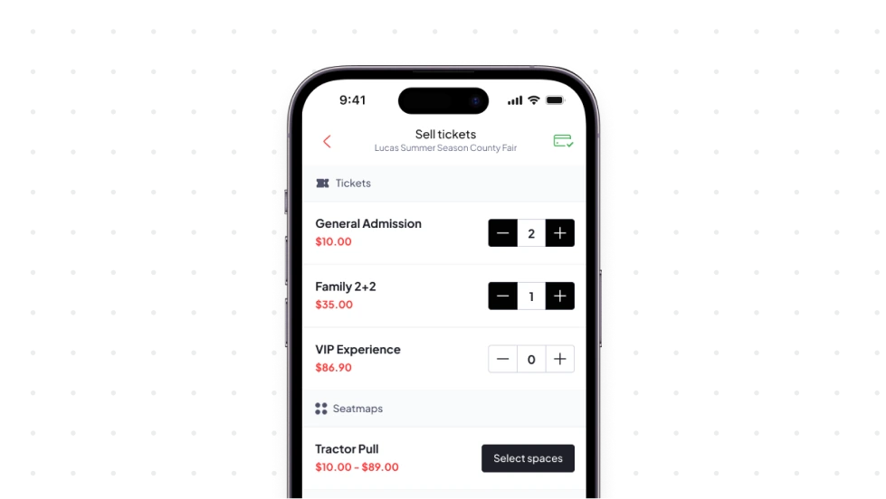 Mobile screen displaying a ticket selling app for Lucas Summer Season County Fair with options for General Admission, Family 2+2, VIP Experience, and Tractor Pull tickets, including quantity selectors and a button to select seat spaces.