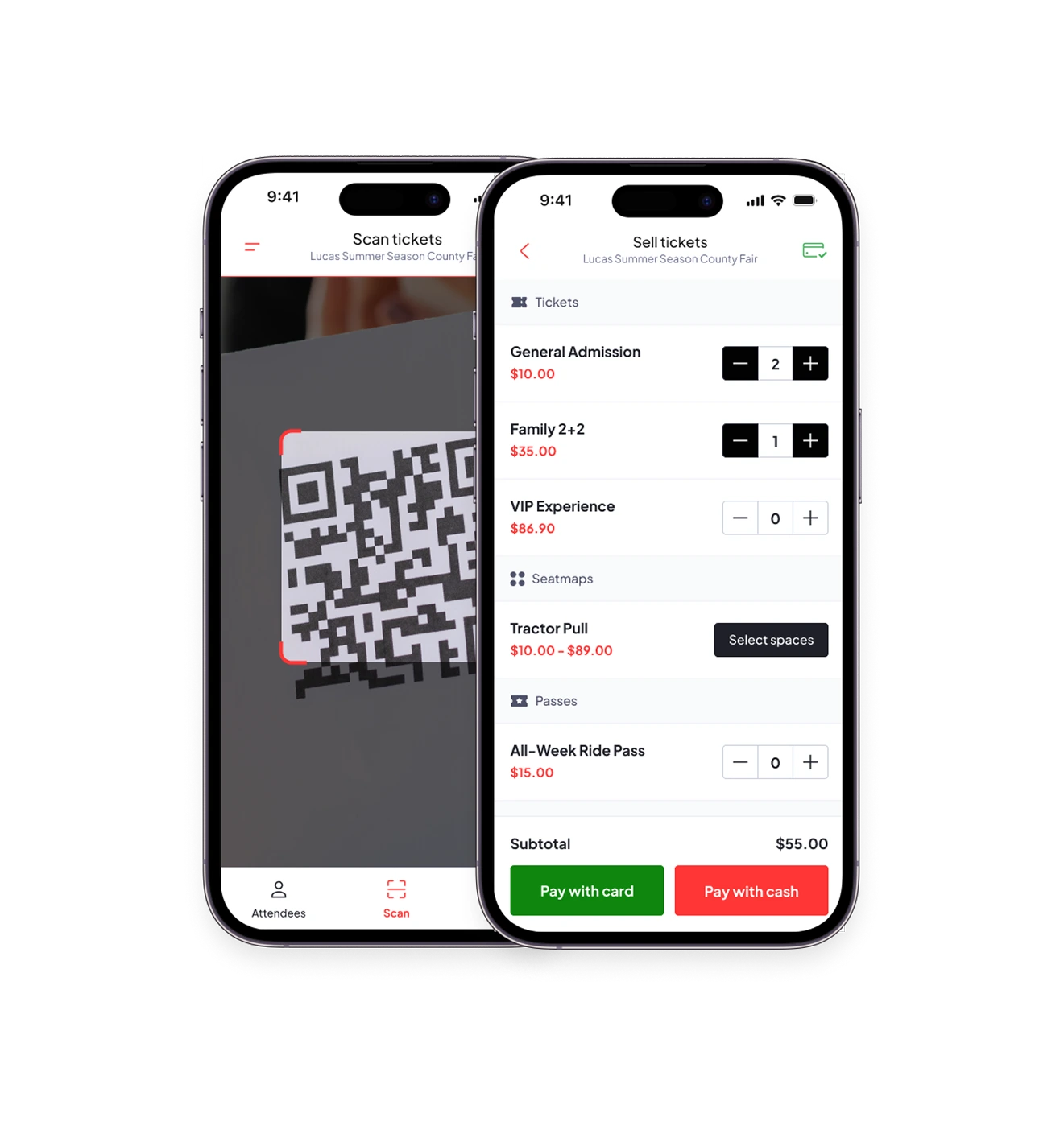 Two smartphones displaying ticket scanning and selling screens for Lucas Summer Season County Fair, showing QR code scanner and ticket purchase options with prices.