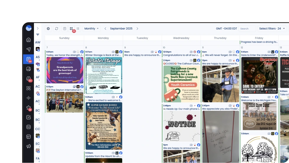 Digital calendar view for September 2025 showing events including community announcements, rodeo championship, thank you note, and local fair details.