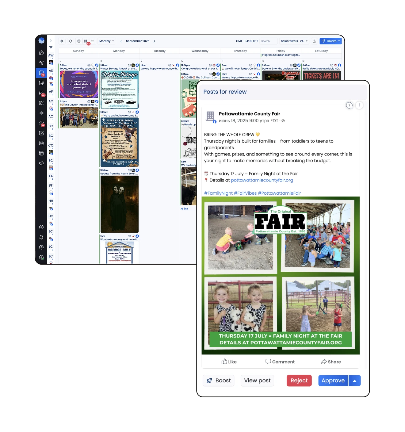 Screenshot of a social media management tool showing a calendar view for September 2025 and a Facebook post preview for Pottawattamie County Fair promoting Family Night on July 17 with images of children and families at the fair.