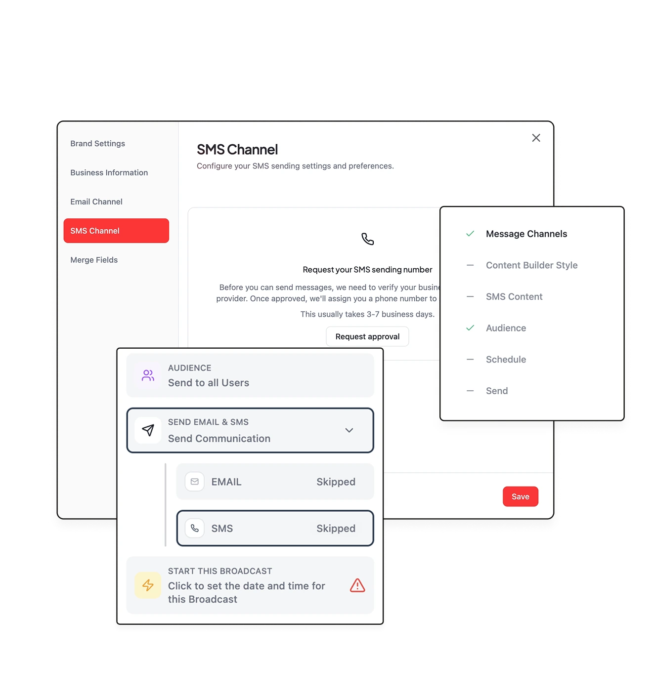 User interface screen displaying SMS Channel settings with options to request SMS sending number approval, message channels menu with selections for Audience and Message Channels, and a broadcast setup panel showing send communication settings with email and SMS marked as skipped.
