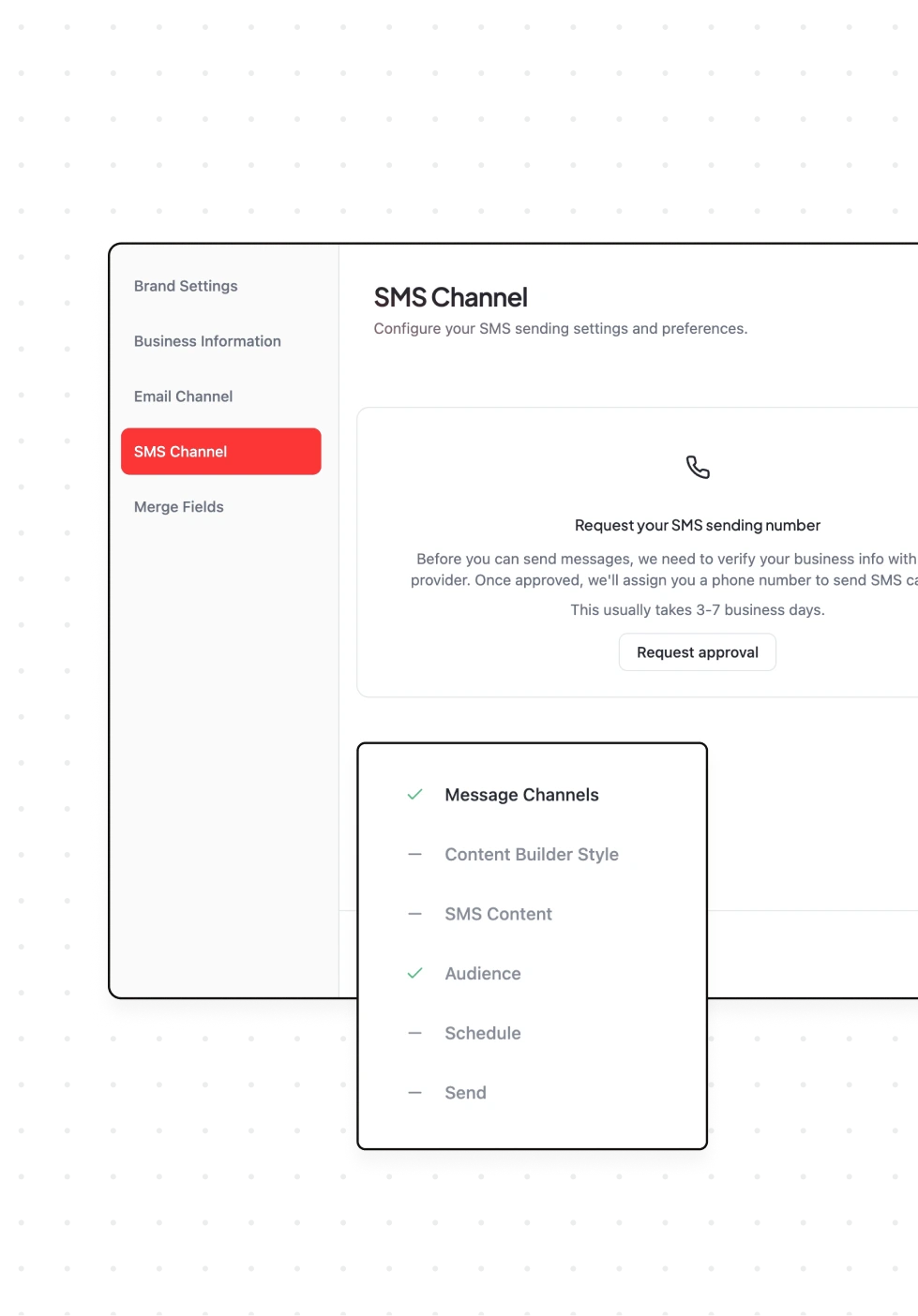 Settings interface showing SMS Channel selected with instructions to request SMS sending number approval, and a checklist menu with Message Channels and Audience checked.