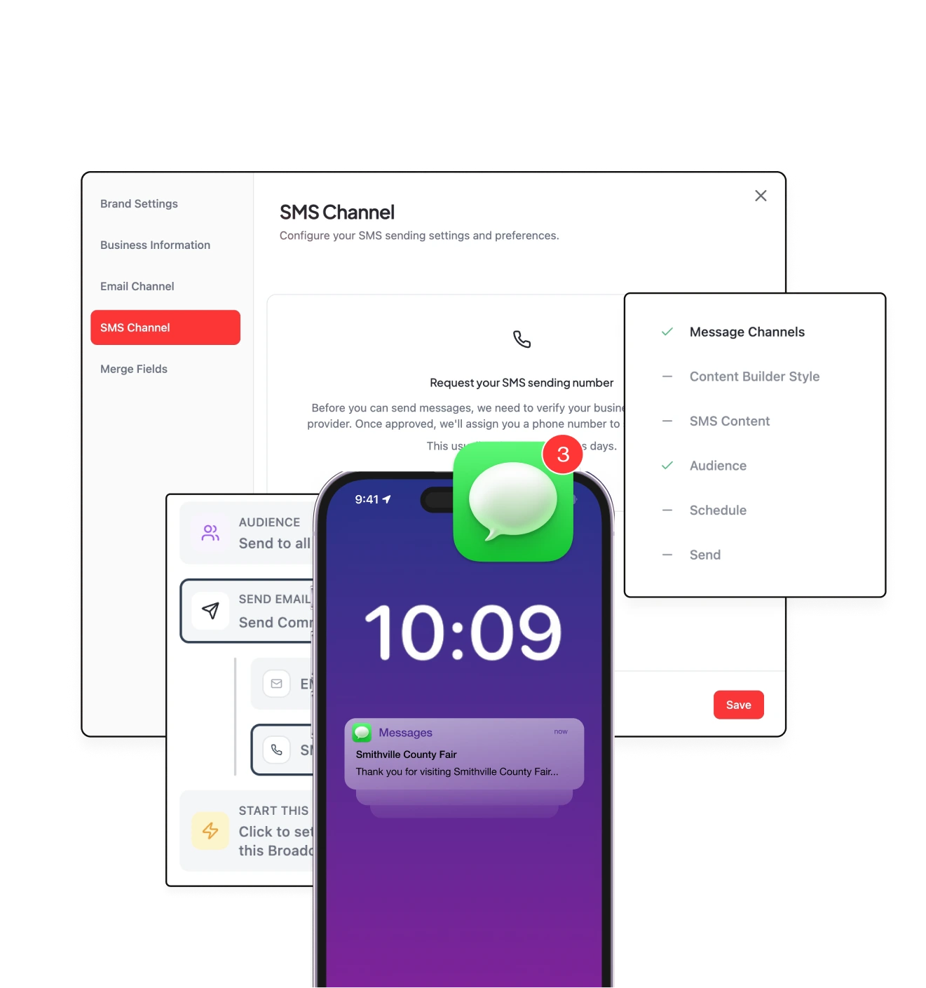 Mobile phone displaying three new text messages from Smithville County Fair over a purple gradient lock screen, overlaid on a computer screen showing SMS Channel settings and message channel options.