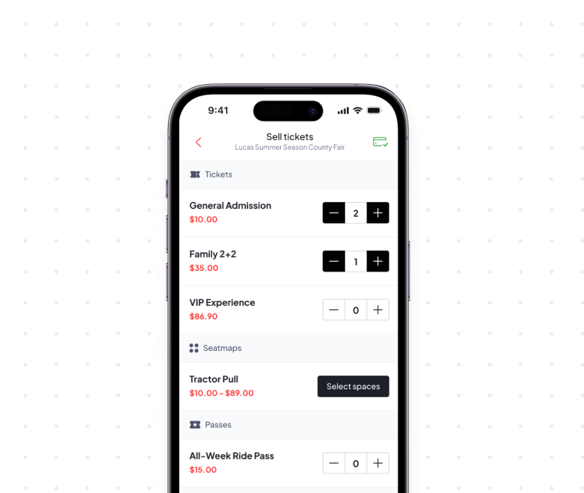 Mobile app screen showing ticket options for Lucas Summer Season County Fair, including General Admission, Family 2+2, VIP Experience, Tractor Pull seatmaps, and All-Week Ride Pass with quantity selectors and prices.